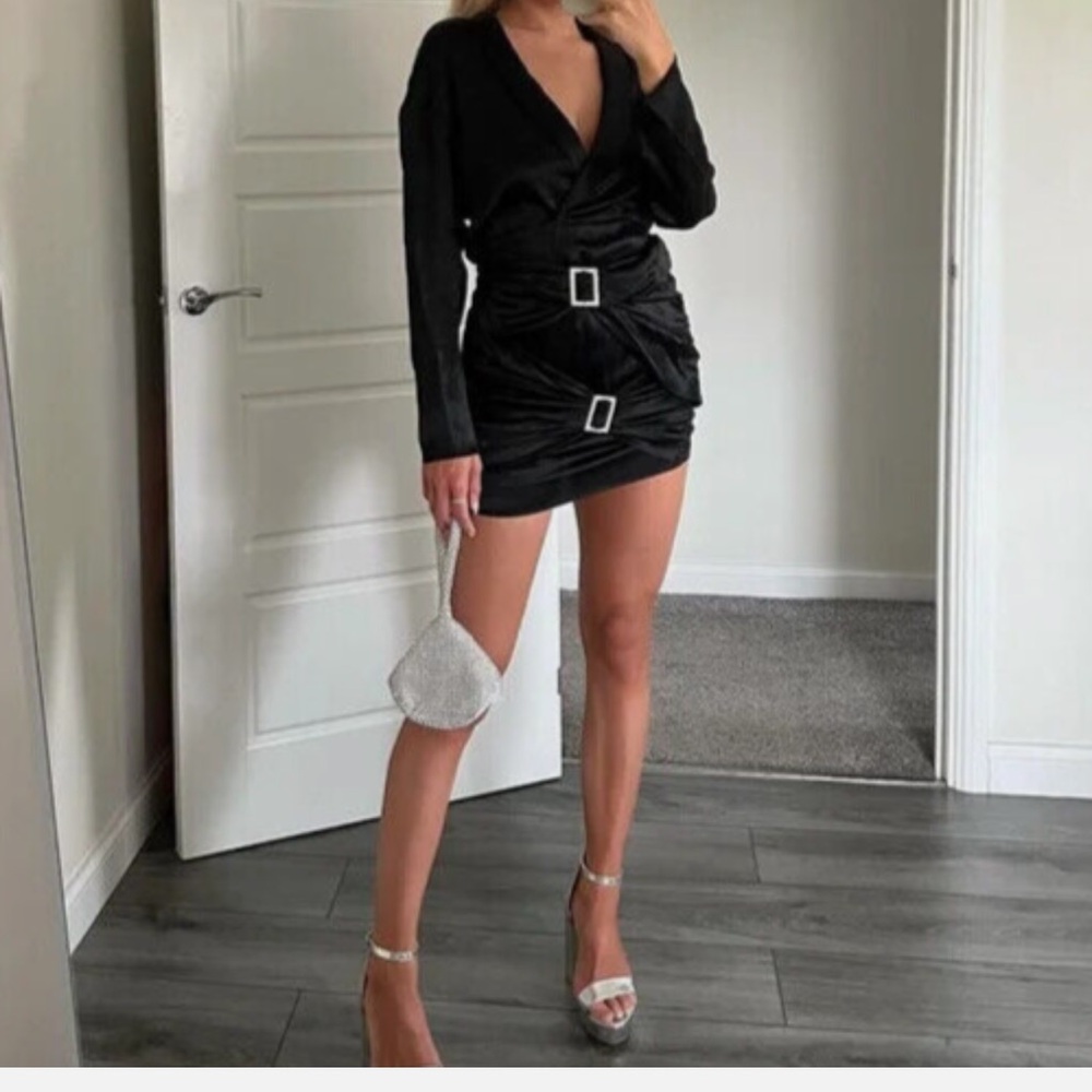 Zara Black Jewel Buckle Trim Satin Effect Long Sleeve Night Out Mini Dress XXL